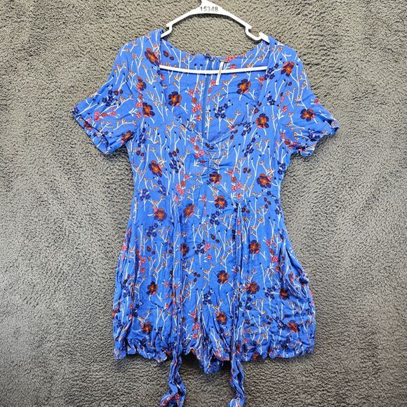 Free People Dress Women‎ Size 10 Blue Floral V-Neck Short Sleeve Minidress - Picture 1 of 8